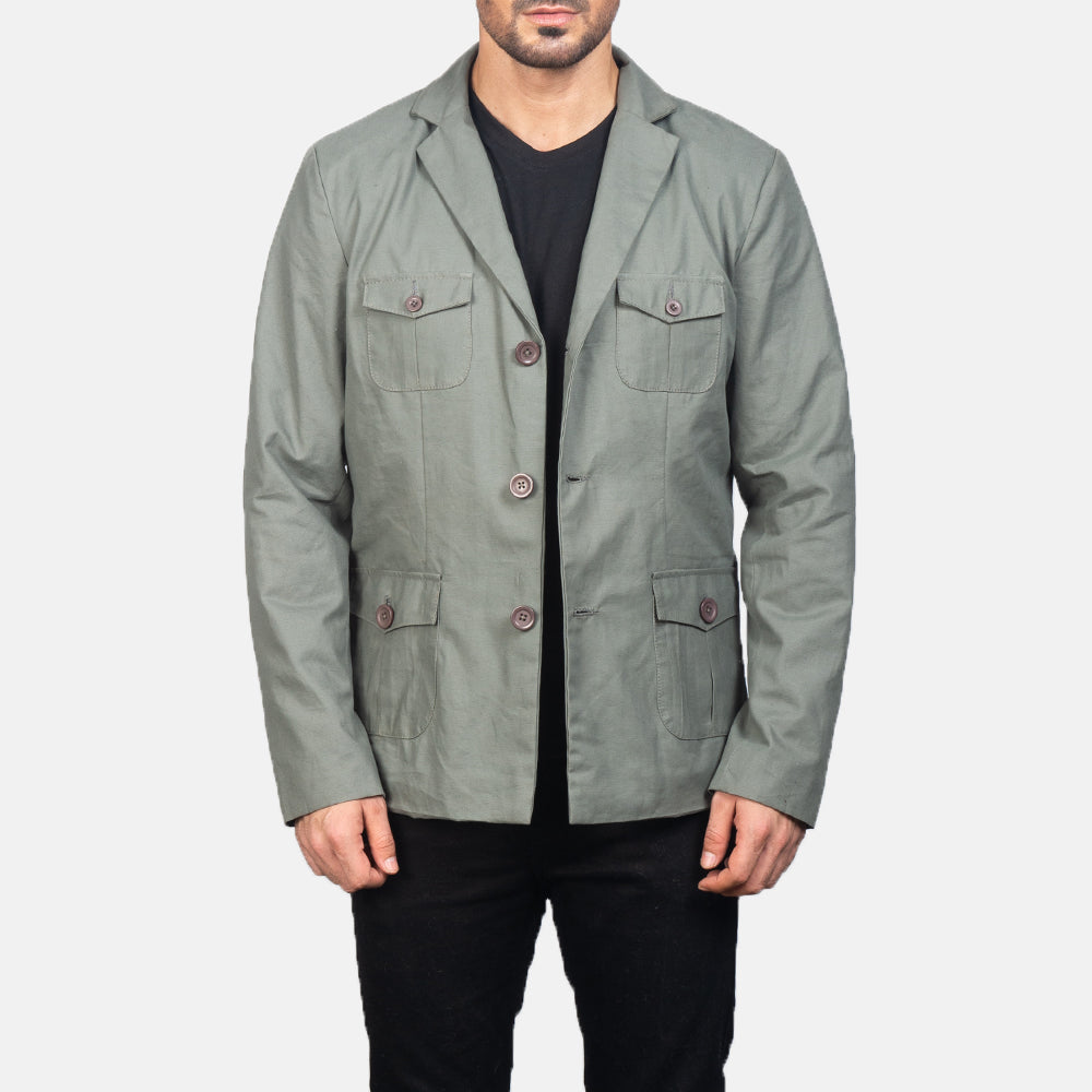 Kajetan Grau Safari Lederjacke für Herren in Grey Poly-Cotton - Vorderansicht &amp; maßgeschneiderte Silhouette | Online Kaufen