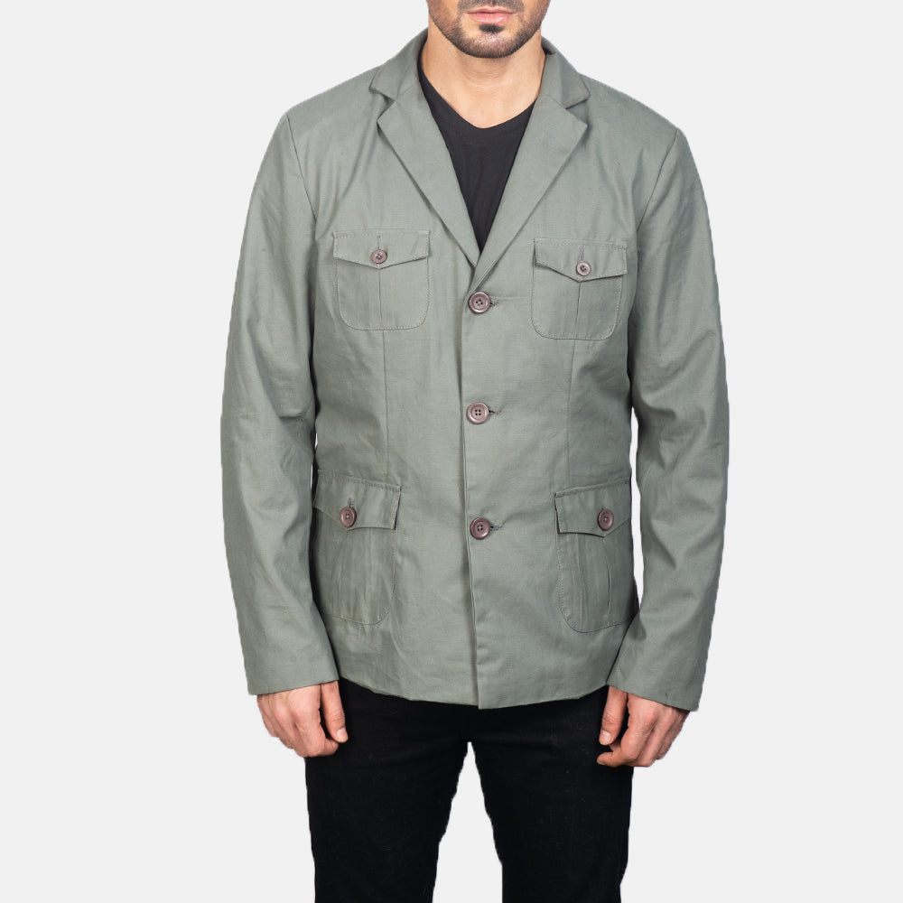 Detailansicht of Notch &amp; Button Hardware on Kajetan Grau Safari Lederjacke für Herren