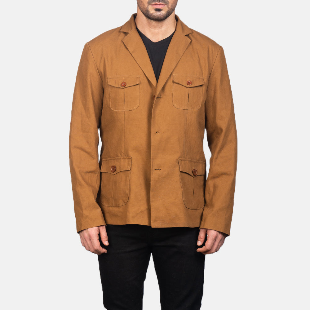 
Kajetan Khaki Safari-Beige Lederjacke für Herren in Khaki Poly-Cotton - Vorderansicht & maßgeschneiderte Silhouette | Online Kaufen