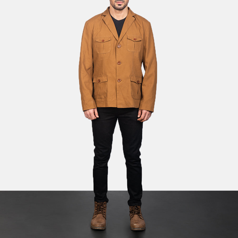
Kajetan Khaki Safari-Beige Lederjacke für Herren - Seitenansicht mit ergonomischem Ärmelschnitt & sportlicher Passform