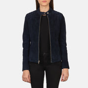 
Kelsee Navy Blue Suede Biker Jacket in Navy Blue Goatskin Suede - Vorderansicht & maßgeschneiderte Silhouette | Online Kaufen