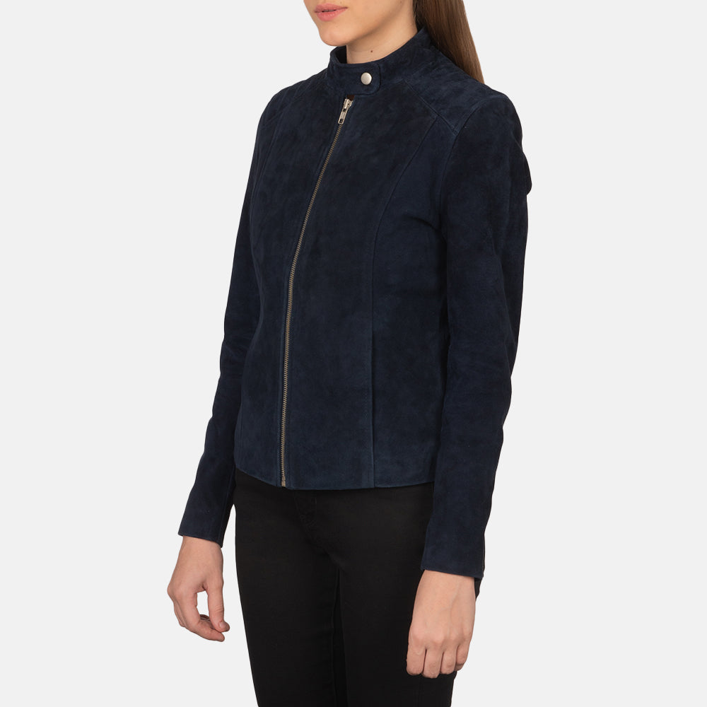 
Navy Blue Goatskin Suede Biker Jacket - Rückansicht mit passgenauen Schultern & sauberem Saum