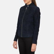 
Navy Blue Goatskin Suede Biker Jacket - Rückansicht mit passgenauen Schultern & sauberem Saum
