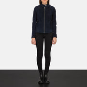 
Kelsee Navy Blue Suede Biker Jacket - Seitenansicht mit ergonomischem Ärmelschnitt & sportlicher Passform