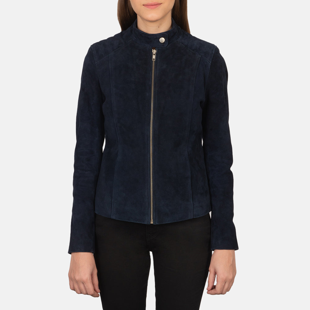 
Detailansicht von Stehkragen mit Druckknopf & Reißverschluss an Kelsee Navy Blue Suede Biker Jacket