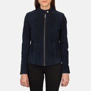 
Detailansicht von Stehkragen mit Druckknopf & Reißverschluss an Kelsee Navy Blue Suede Biker Jacket