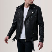 Kole Schwarz Leather Double Rider Lederjacke für Herren For Men in Black Sheepskin Leather - Vorderansicht &amp; maßgeschneiderte Silhouette | Online Kaufen