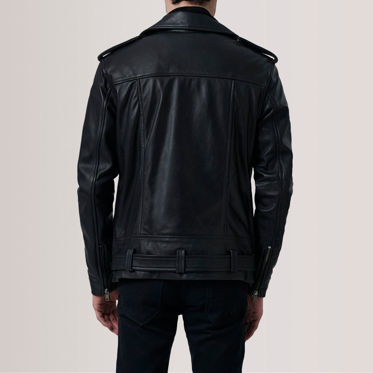 Detailansicht of Notch &amp; Zipper &amp; Waist Straps Hardware on Kole Schwarz Leather Double Rider Lederjacke für Herren For Men