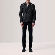 
Distressed Black Sheepskin Snuffed Biker Jacket - Rückansicht mit passgenauen Schultern & sauberem Saum