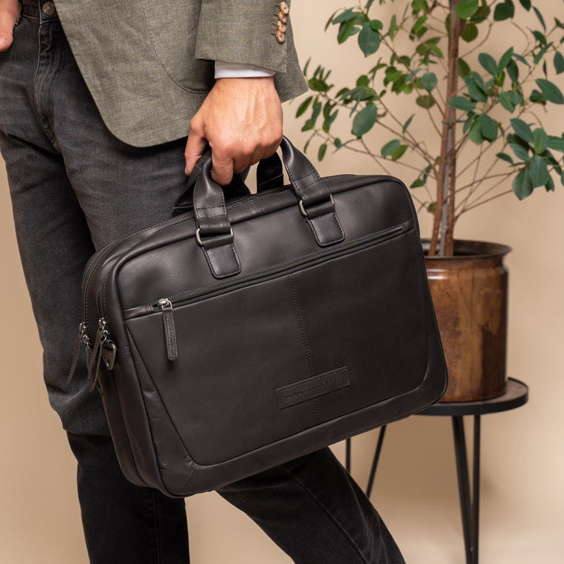 Classic 100% Full-Grain leather Briefcase - Rear Perspective Showing Reinforced Leather Straps & Stitching