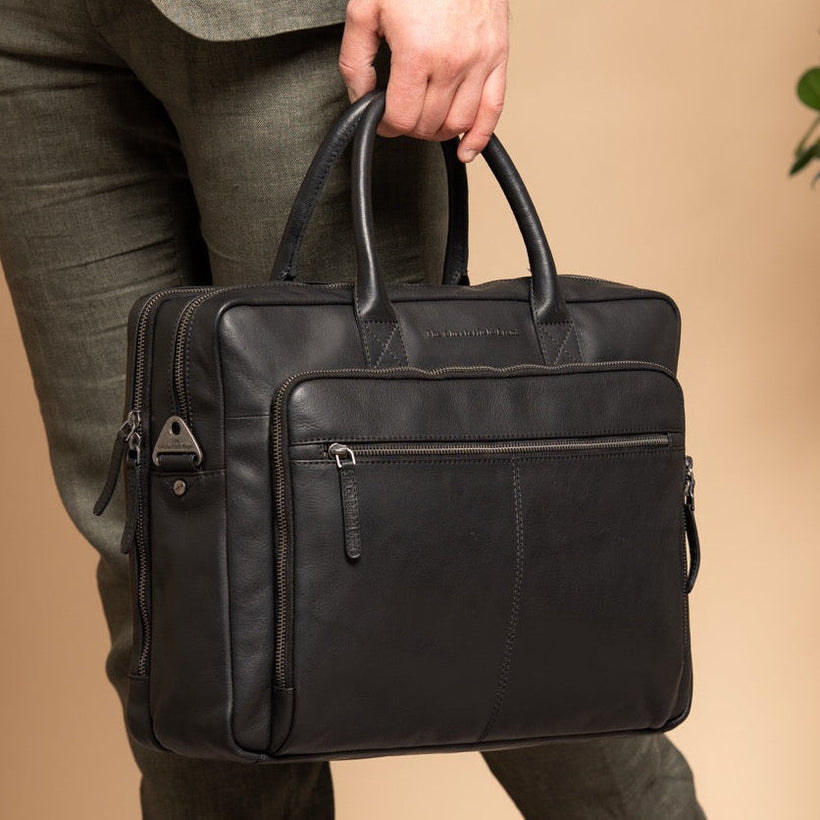 Classic 100% Full-Grain leather Briefcase - Rear Perspective Showing Reinforced Leather Straps & Stitching