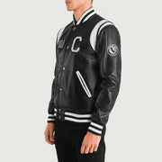 
Black & White Sheepskin Leather Varsity Jacket - Rückansicht mit passgenauen Schultern & sauberem Saum