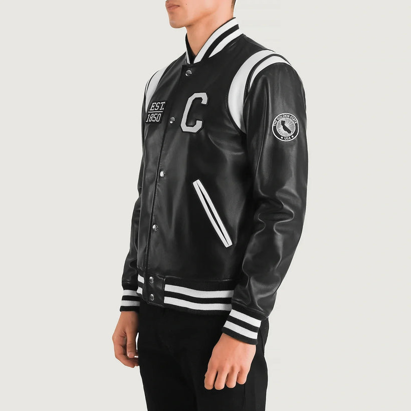Liberte California Schwarz Leather Varsity Lederjacke für Herren