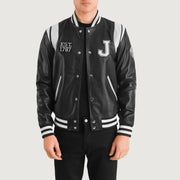 Liberte New Jersey Schwarz Leather Varsity Lederjacke für Herren in Black &amp; White Sheepskin Leather - Vorderansicht &amp; maßgeschneiderte Silhouette | Online Kaufen