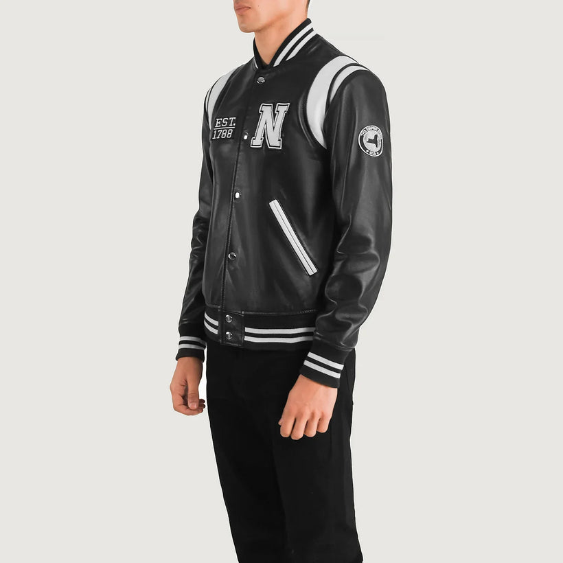Liberte New York Schwarz Leather Varsity Lederjacke für Herren