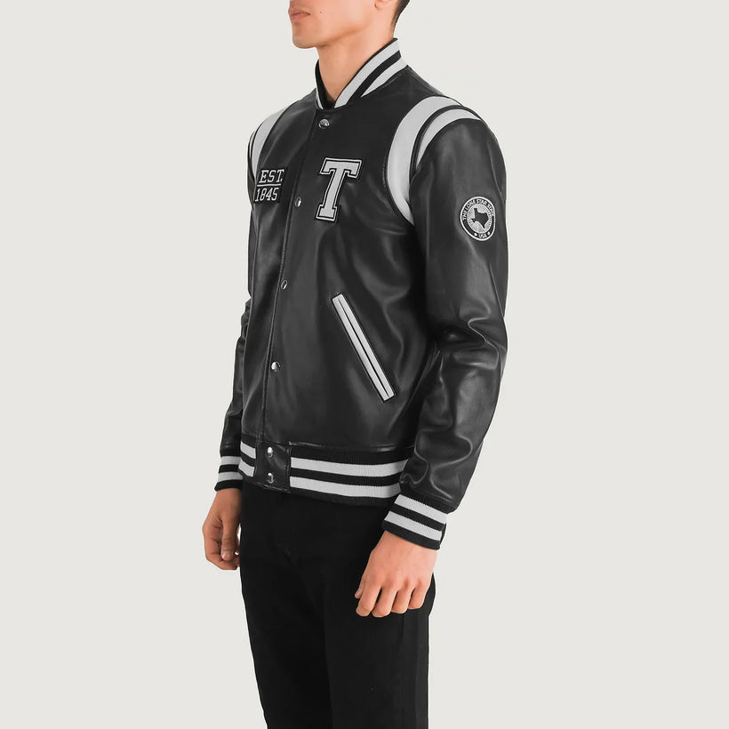 Liberte Texas Schwarz Leather Varsity Lederjacke für Herren