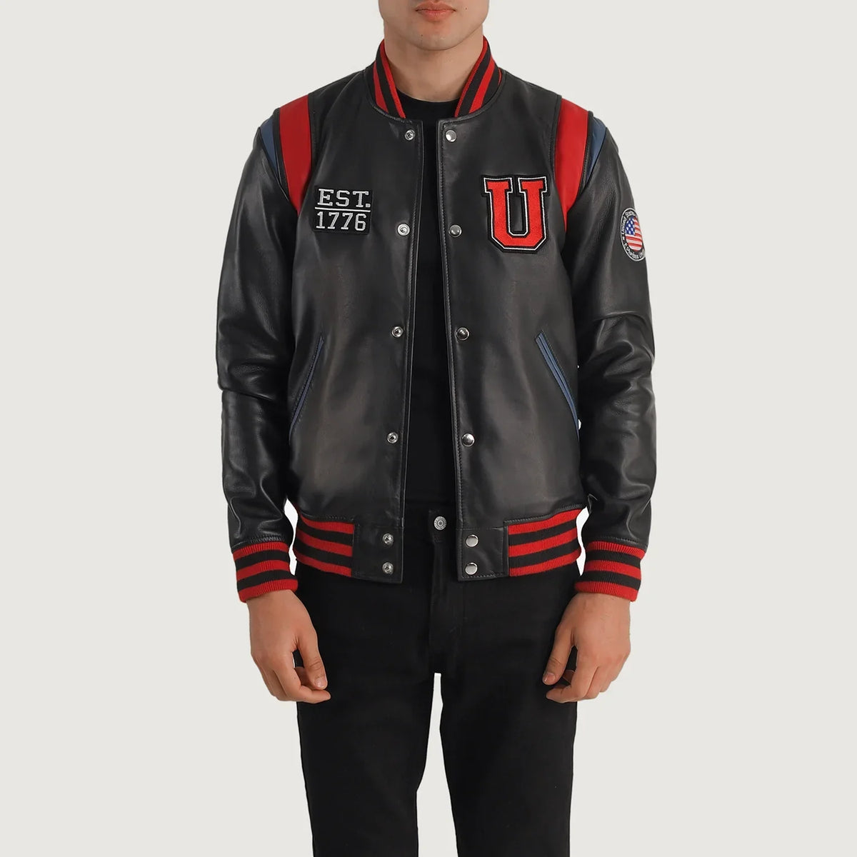Liberte USA Black Leather Varsity Jacket in Black Sheepskin Leather - Vorderansicht &amp; maßgeschneiderte Silhouette | Online Kaufen