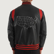 Liberte USA Black Leather Varsity Jacket - Seitenansicht mit ergonomischem Ärmelschnitt