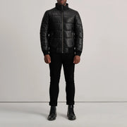 Lucas Blue Leather Puffer Bomber Jacket - Seitenansicht mit ergonomischem Ärmelschnitt