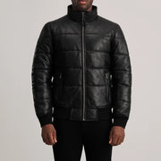 Detailansicht of High neck &amp; Zipper Hardware on Lucas Blue Leather Puffer Bomber Jacket
