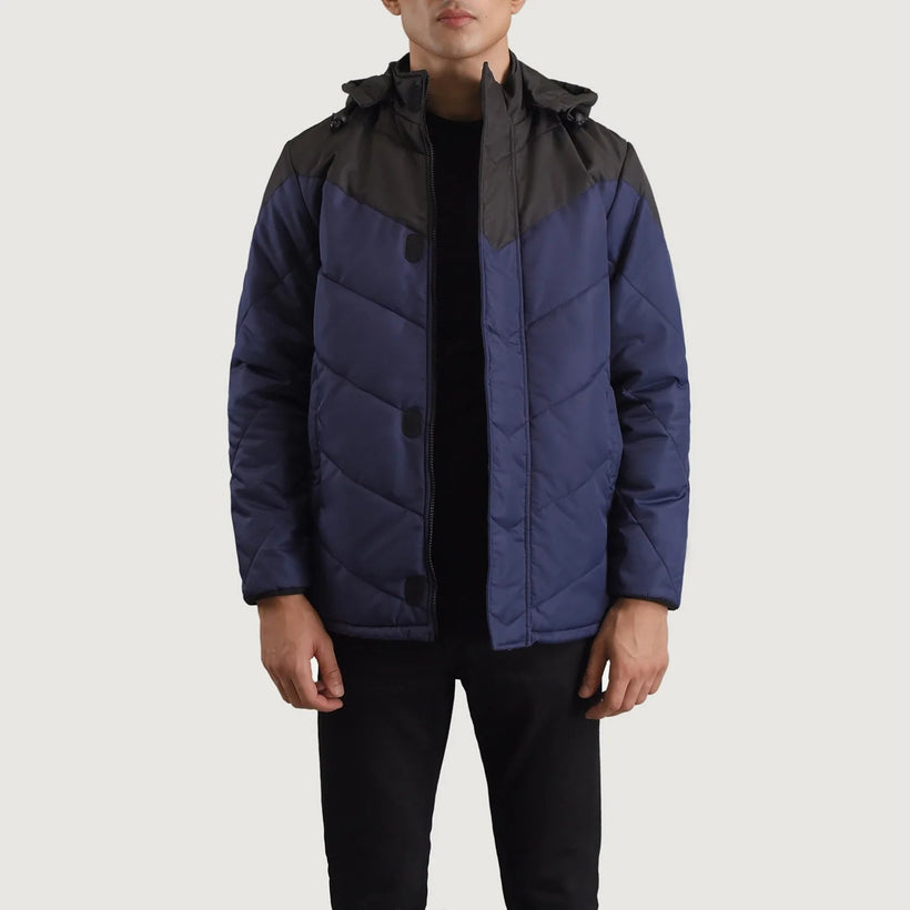 Luka Schwarz & Blau Hooded Puffer Lederjacke für Herren