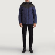 
Luka Schwarz & Blau Hooded Puffer Lederjacke für Herren - Seitenansicht mit ergonomischem Ärmelschnitt & sportlicher Passform