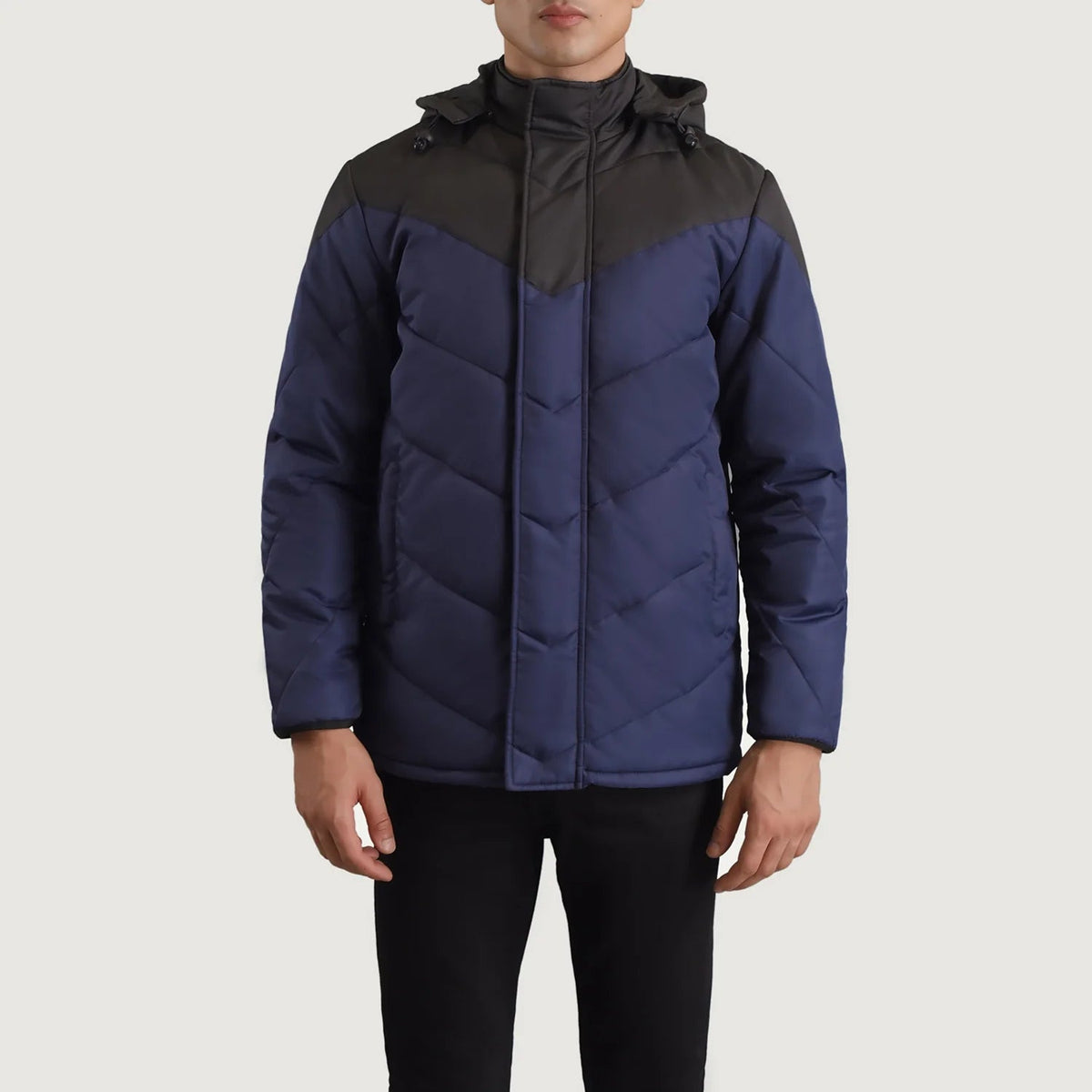 
Detailansicht of Classic Collar & Zipper With Velcro Placket Hardware on Luka Schwarz & Blau Hooded Puffer Lederjacke für Herren