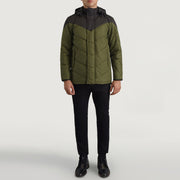 
Luka Schwarz & Grün Hooded Puffer Lederjacke für Herren - Seitenansicht mit ergonomischem Ärmelschnitt & sportlicher Passform