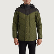 
Detailansicht of Classic Collar & Zipper With Velcro Placket Hardware on Luka Schwarz & Grün Hooded Puffer Lederjacke für Herren