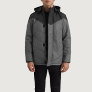 
Luka Schwarz & Grau Hooded Puffer Lederjacke für Herren in Black & Grey Full-Grain Leather - Vorderansicht & maßgeschneiderte Silhouette | Online Kaufen