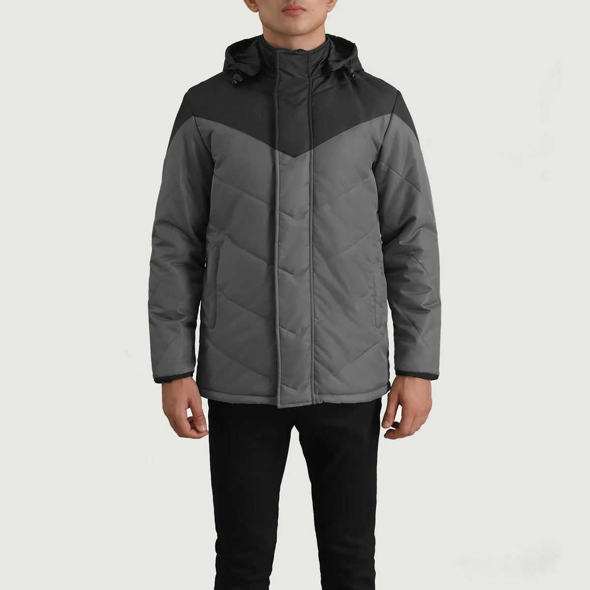 
Detailansicht of Classic Collar & Zipper With Velcro Placket Hardware on Luka Schwarz & Grau Hooded Puffer Lederjacke für Herren