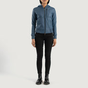 Women's Luna Blue Hooded Leather Bomber Jacket - Seitenansicht mit ergonomischem Ärmelschnitt