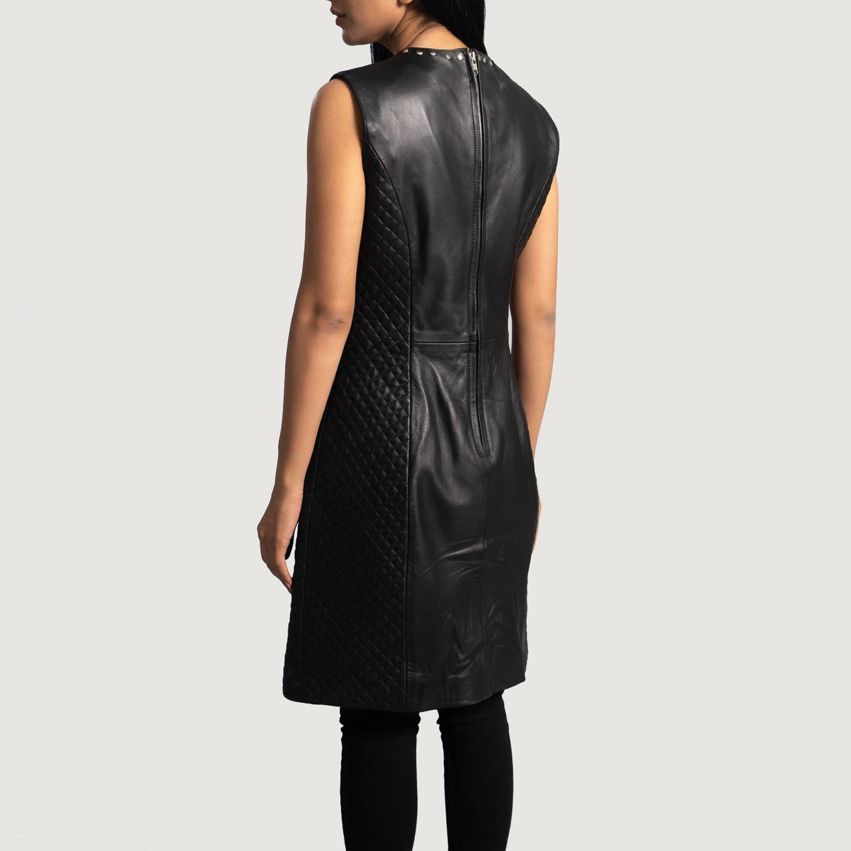Women's Luxe Black Leather Dress - Lateral Side Profile View Showing Sleeve Cut & Athletic Taper Fit