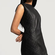 Close-Up Detail of Classic Collar & Zipper on back Hardware on Women's Luxe Black Leather Dress