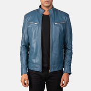 Mack Blau Leder-Bikerjacke für Herren in Blue Sheepskin Leather - Vorderansicht &amp; maßgeschneiderte Silhouette | Online Kaufen