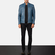 Mack Blau Leder-Bikerjacke für Herren - Seitenansicht mit ergonomischem Ärmelschnitt