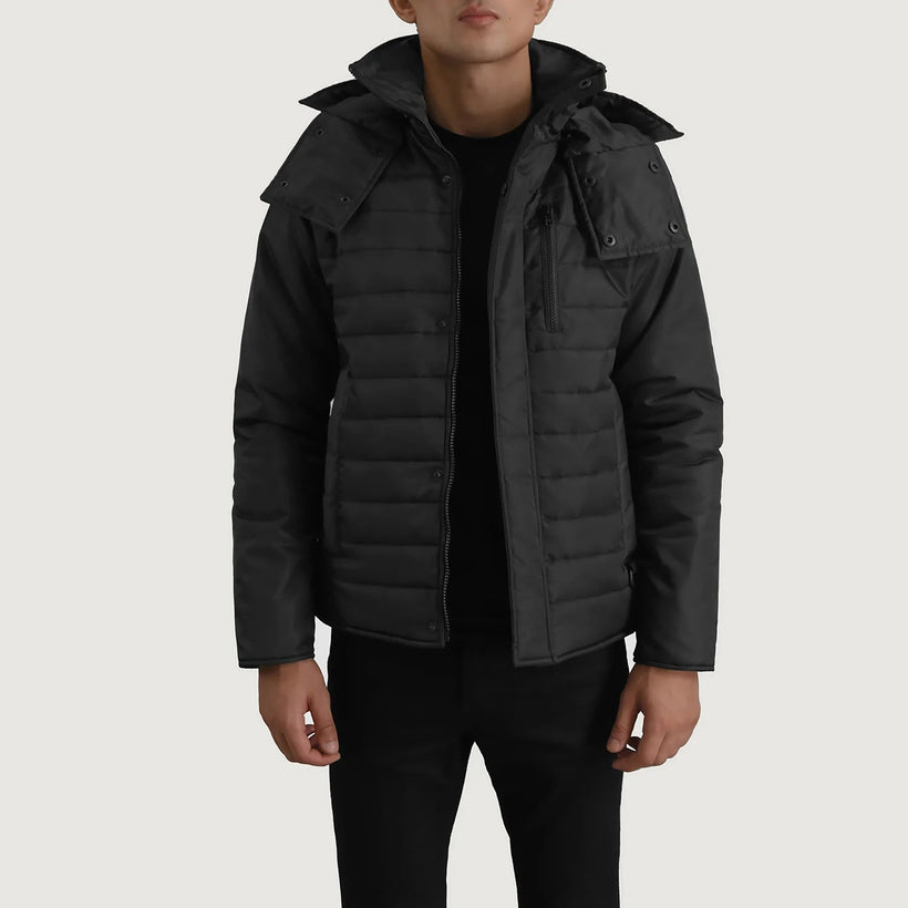 Malcolm Schwarz Hooded Puffer Lederjacke für Herren
