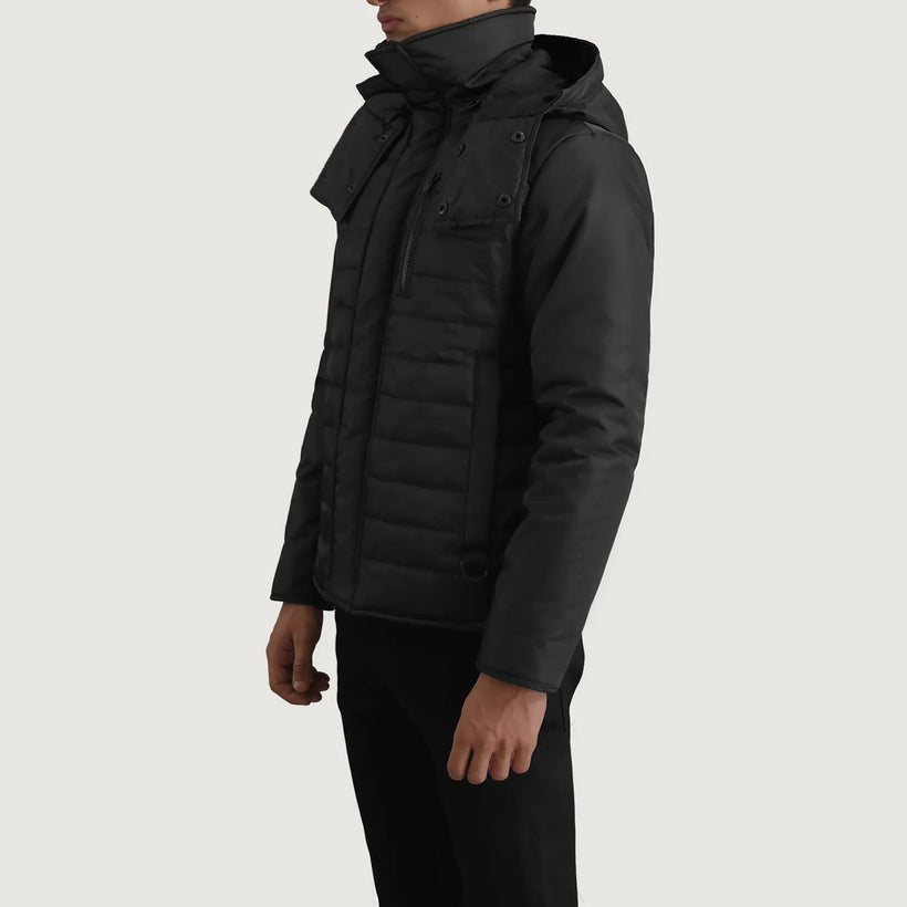 Malcolm Schwarz Hooded Puffer Lederjacke für Herren