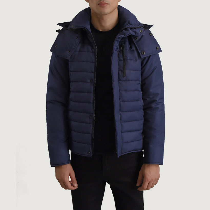 Malcolm Blau Hooded Puffer Lederjacke für Herren