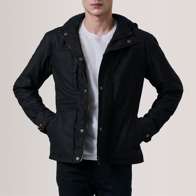 Marlo Schwarz Canvas Hooded Work Lederjacke für Herren