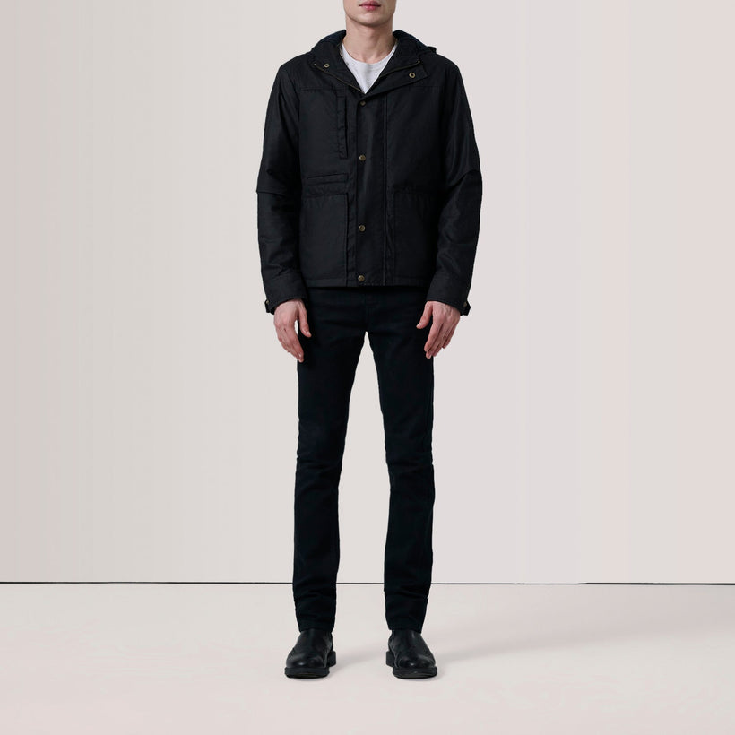 Marlo Schwarz Canvas Hooded Work Lederjacke für Herren