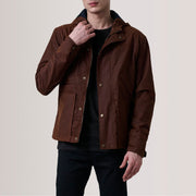 Marlo Braun Canvas Hooded Work Lederjacke für Herren For Men in Brown Waxed Cotton Canvas - Vorderansicht &amp; maßgeschneiderte Silhouette | Online Kaufen