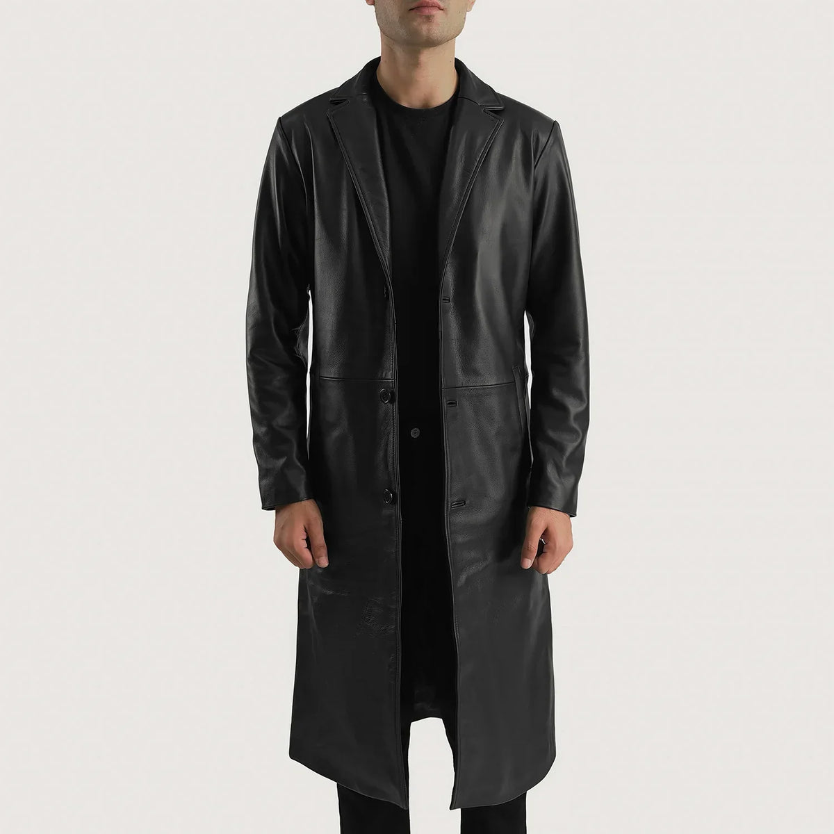 Mateo Black Leather Single Breasted Coat in Black Cowhide Leather - Vorderansicht &amp; maßgeschneiderte Silhouette | Online Kaufen
