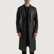 Mateo Black Leather Single Breasted Coat in Black Cowhide Leather - Vorderansicht &amp; maßgeschneiderte Silhouette | Online Kaufen