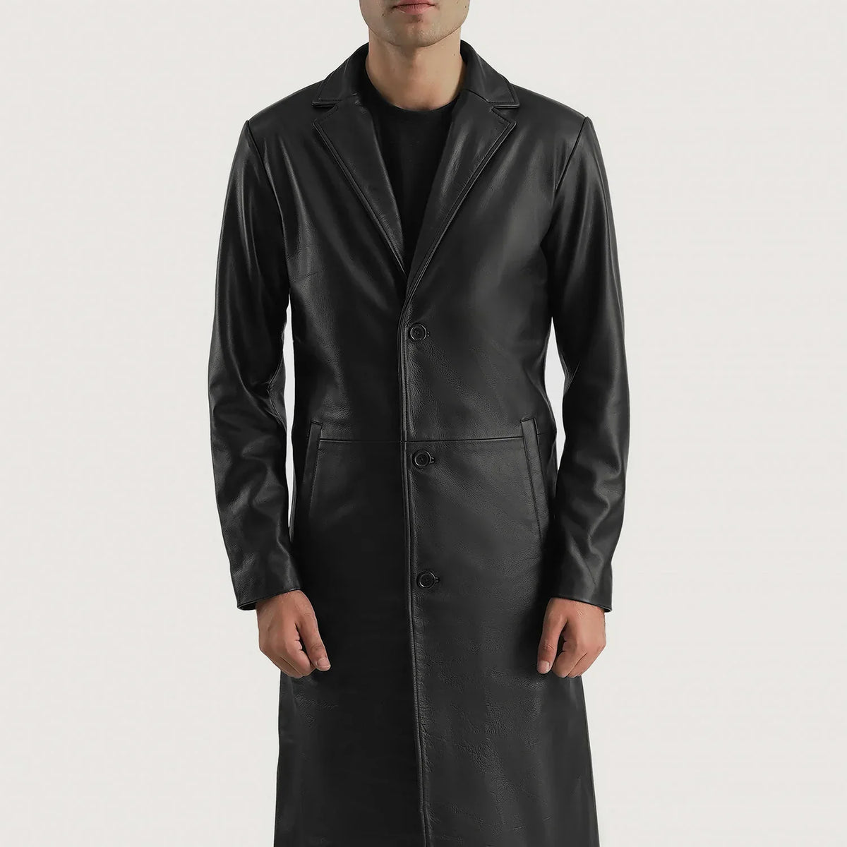 Detailansicht of Notch &amp; Button Hardware on Mateo Black Leather Single Breasted Coat