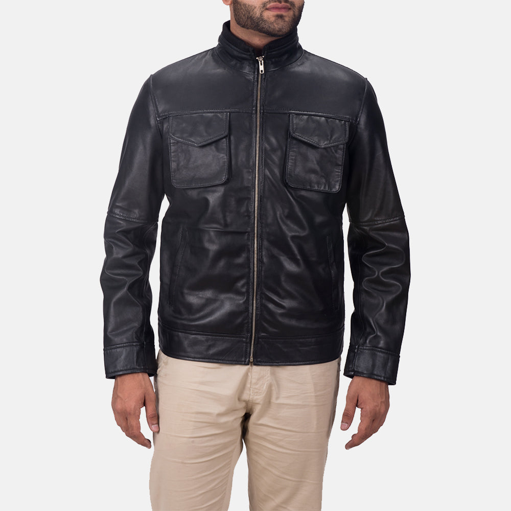 
Maurice Schwarz Lederjacke für Herren in Black Sheepskin Leather - Vorderansicht & maßgeschneiderte Silhouette | Online Kaufen