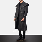 
Distressed Black Sheepskin Snuffed Trench Coat - Rückansicht mit passgenauen Schultern & sauberem Saum