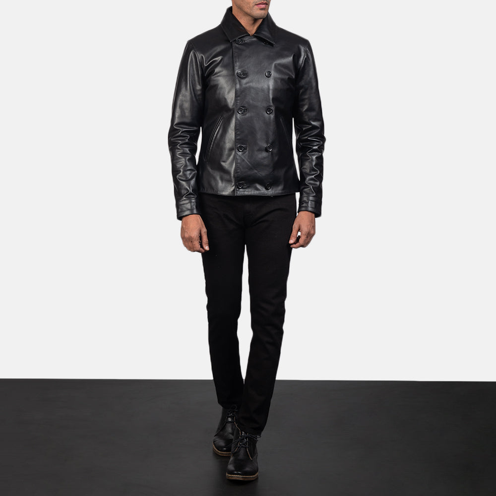 Mod Schwarz Leather Peacoat für Herren - Seitenansicht mit ergonomischem Ärmelschnitt