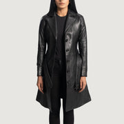 Women's Moonlight Schwarz Leder-Trenchcoat für Damen in Black Sheepskin Leather - Vorderansicht &amp; maßgeschneiderte Silhouette | Online Kaufen