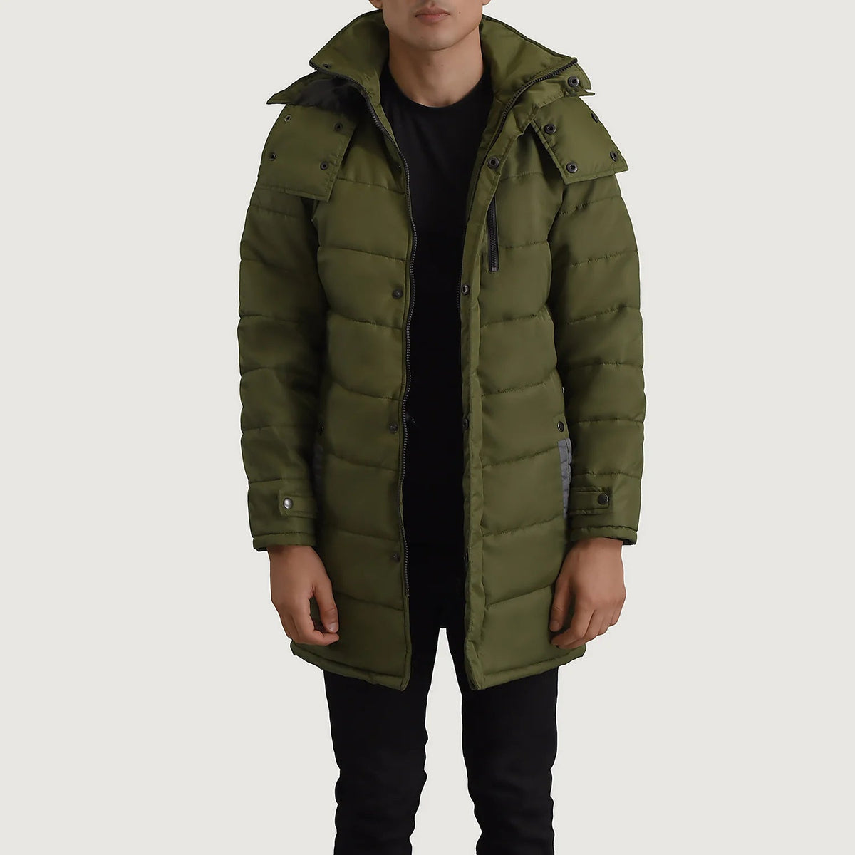 
Moore Grün Hooded Parka für Herren in Green Full-Grain Leather - Vorderansicht & maßgeschneiderte Silhouette | Online Kaufen